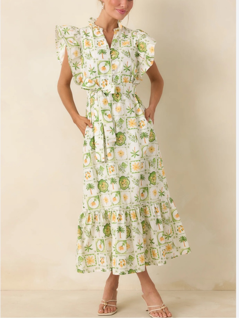 New Green & White Floral Leaf & Veggies Cottagecore Flutter Sleeve Maxi Dress